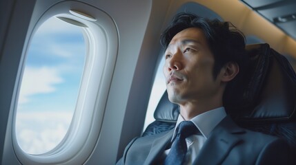 Asian Businessman Sitting in Airplane Looking Out Window