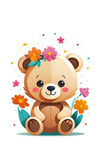 Obraz na płótnie Canvas Vector illustration, children's teddy bear toy with flowers, background for children's room,