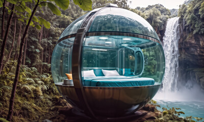 transparent sphere containing a bed is placed in front of a waterfall.