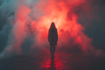 Mysterious Silhouette Amidst Crimson Mist. Concept Nature Landscape, Moody Atmosphere, Dramatic Lighting - obrazy, fototapety, plakaty