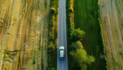 car drives along an asphalt road in a field, top view