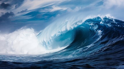 Massive ocean wave rising against clear blue sky with surfer in breathtaking side view perspective