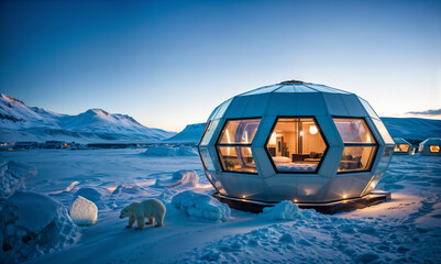 spherical structure with glass windows and a bed inside, surrounded by snow with polar bears nearby.