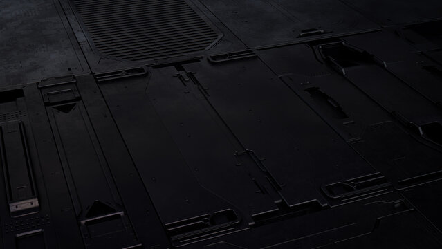 Black, Tech Wallpaper with Sci-Fi 3D Panels. Dark, Futuristic style. 3D Render.