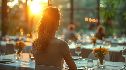 Back view of lonely young woman sitting in the restaurant 
