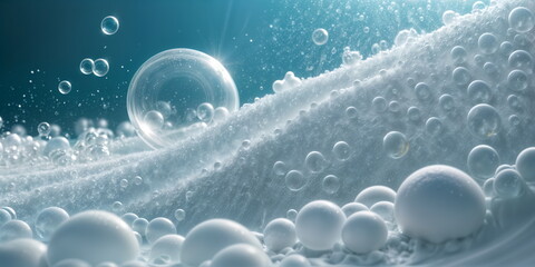 macro shot of a splash of soap foam with transparent bubbles - 782447144