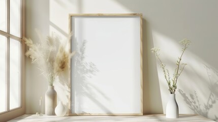 Blank a4 wood frame mockup interior background, circular motion, 3d rendering. living room. Vertical painting plaque mockup. Clear table border with canvas panel template