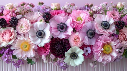   A tight shot of blooming flowers against a pink backdrop Behind them, a pink and white striped wall