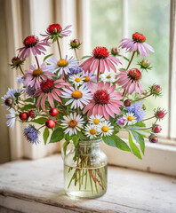 A vibrant bouquet of mixed flowers, including daisies and coneflowers, arranged in a clear glass vase on a wooden surface against a neutral background.