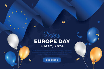 Europe Day 9th May. Happy Europe day blue background with Europe flag, map and balloons