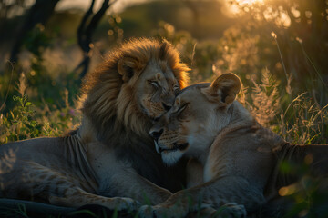 African lions pair in a wilderness cinematographic shot close-up