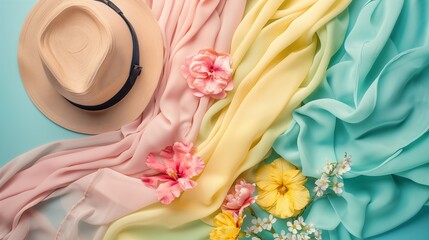 Sheer scarves, shawls and straw hats in delicate pastel hues, perfect for adding a touch of springtime elegance to your wardrobe.