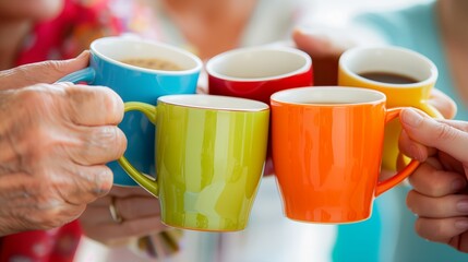 Amidst laughter and warmth, family members gather their coffee mugs clinking in a harmonious toast, creating moments of shared joy and connection.