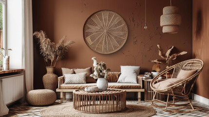 Scandinavian style. Living room design with boho decoration. Mock up wall in brown interior with wooden furniture.