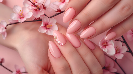 Beautiful womans hands with pastel peach color nail