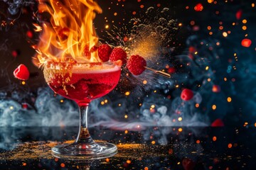 Closeup of flaming cocktail with raspberries in martini glass