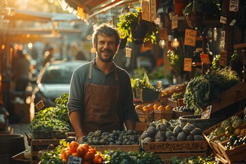 Man smiles at plant stand in city market filled with natural foods for sale