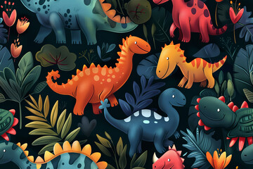 cartoony cute dinosaurs in jungle