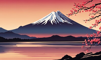 Painting of japanese Mount Fuji at sunset. For meditation apps, on covers of books about spiritual growth, in designs for yoga studios, spa salons, illustration for articles on inner peace, banner.