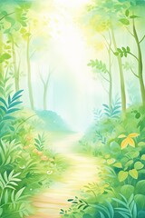 Fototapeta na wymiar Jungle Pathway, Mysterious jungle pathway, lush foliage & light beams, cartoon drawing, water color style.