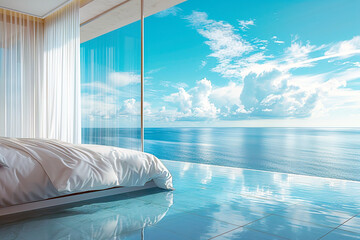 Luxury hotel room with a beautiful sea view - obrazy, fototapety, plakaty