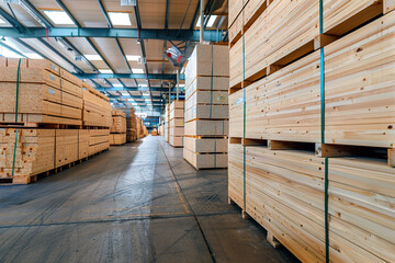 Piles of new wooden boards, planking. Warehouse for industrial wood. Stack of wooden blanks construction material. Industry background - 782449110