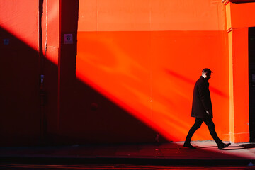 Man walking past a red wall with copy space - 782449150