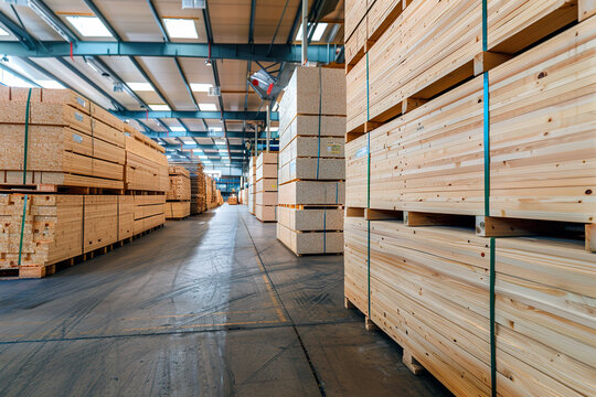Piles of new wooden boards, planking. Warehouse for industrial wood. Stack of wooden blanks construction material. Industry background
