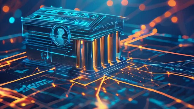 Slow Motion Video of A digital representation of a classical bank building glows within a complex blockchain network