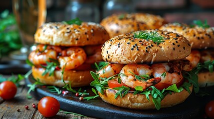   A tight shot of a plate displaying sesame seed buns filled with shrimp, accompanied by individual shrimp atop the buns