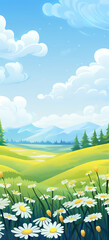 cute cartoon landscape with flowers under blue sky, in the style of light yellow and light emerald