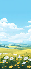 cute cartoon landscape with flowers under blue sky, in the style of light yellow and light emerald