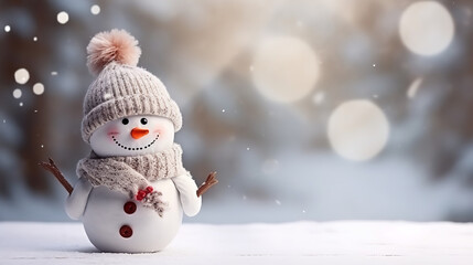 Fototapeta premium Cute snowman in a hat and knitted scarf. Winter background with copy space