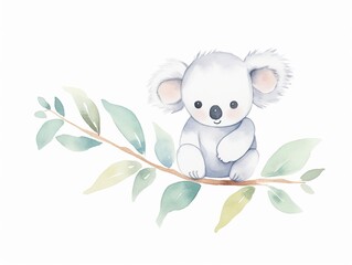 Koala, Koala in eucalyptus, serene greens, cartoon drawing, water color style.