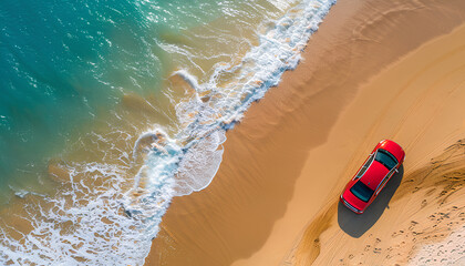 car rides on the sand of a sea beach, top view - obrazy, fototapety, plakaty