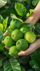 Hand holding tangy lime with lime selection on blurred background, copy space available