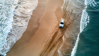 car rides on the sand of a sea beach, top view - obrazy, fototapety, plakaty