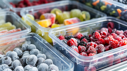 Frozen berries and healthy vegetables are stored in reusable box containers on freezer shelves of refrigerator at home - Powered by Adobe