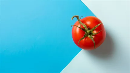 Fotobehang Single tomato on a blue minimalist design background. © cegli