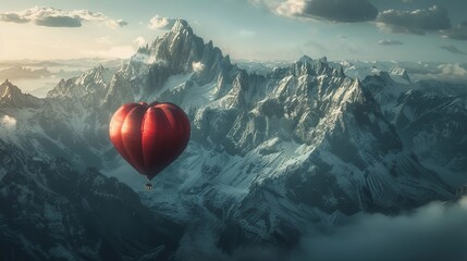 A hot air balloon gracefully soars high above a majestic mountain range, showcasing the vast expanse of the landscape below. The colorful balloon contrasts against the rugged peaks, creating a