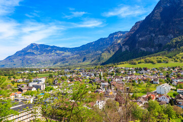 View of Balzers town and Alps in Liechtenstein - obrazy, fototapety, plakaty