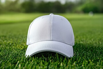 White baseball cap resting on lush green grass field