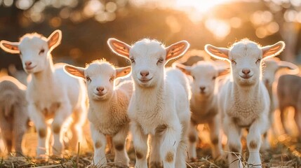 Fototapeta premium A herd of sheep aligned next to one another on a green field under the sun's radiance