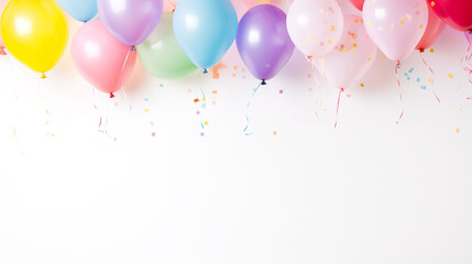 various pretty pastel tones of birthday balloons with confetti image frame on the white background, a edge of image, on the white background - Powered by Adobe