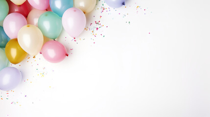 various pretty pastel tones of birthday balloons with confetti image frame on the white background,...