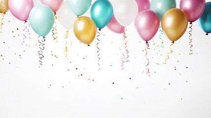various pretty pastel tones of birthday balloons with confetti image frame on the white background,...
