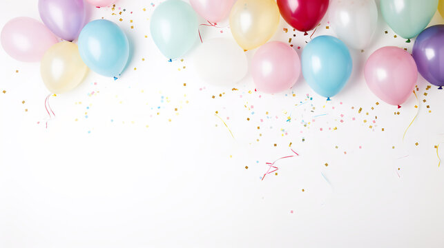 various pretty pastel tones of birthday balloons with confetti image frame on the white background, a edge of image, on the white background