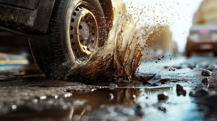 A close-up of a car wheel falling into a road hole filled with water. Autumn and winter season.