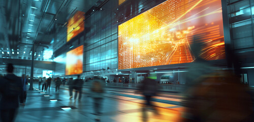 A futuristic, holographic billboard mockup at a central transportation hub, with blurred figures of...