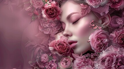Serene Woman Surrounded by Blooming Roses and Petals Generative AI